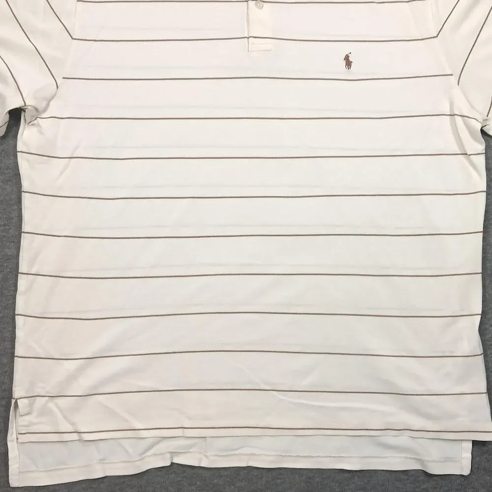 Polo Ralph Lauren Polo Shirt Mens XL White Tan Striped Pima Cotton Short Sleeve
